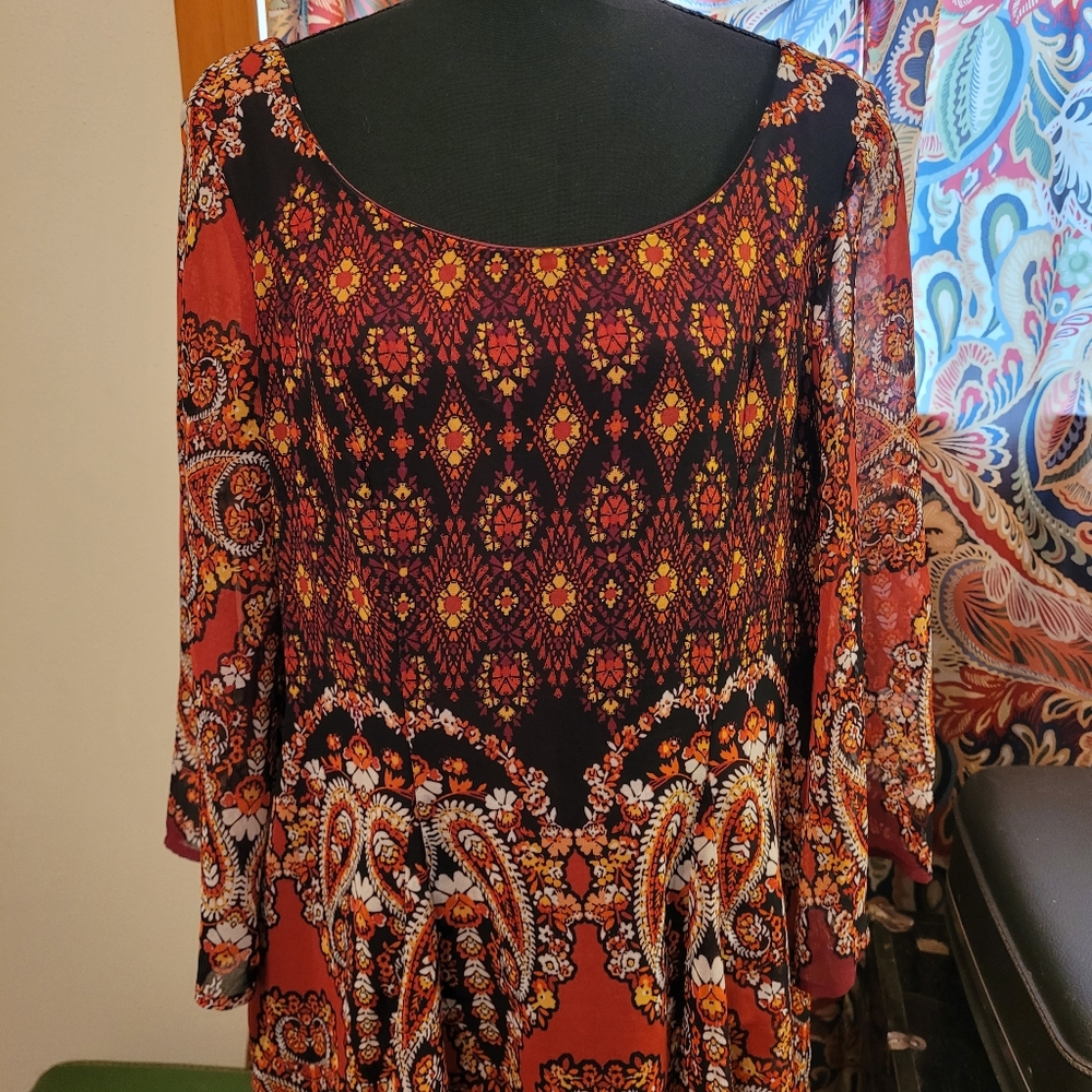 Bohemian Paisley Print Dress Charlotte Russe Deep Red Satin Gown, L
